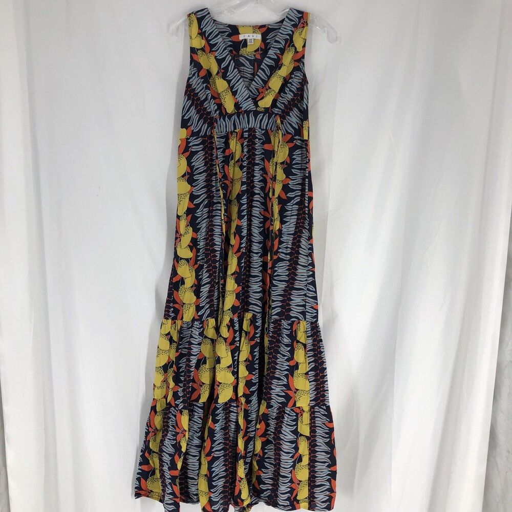 Cabi size XS dress maxi long lemons sleeveless pleated waistbelt geometric